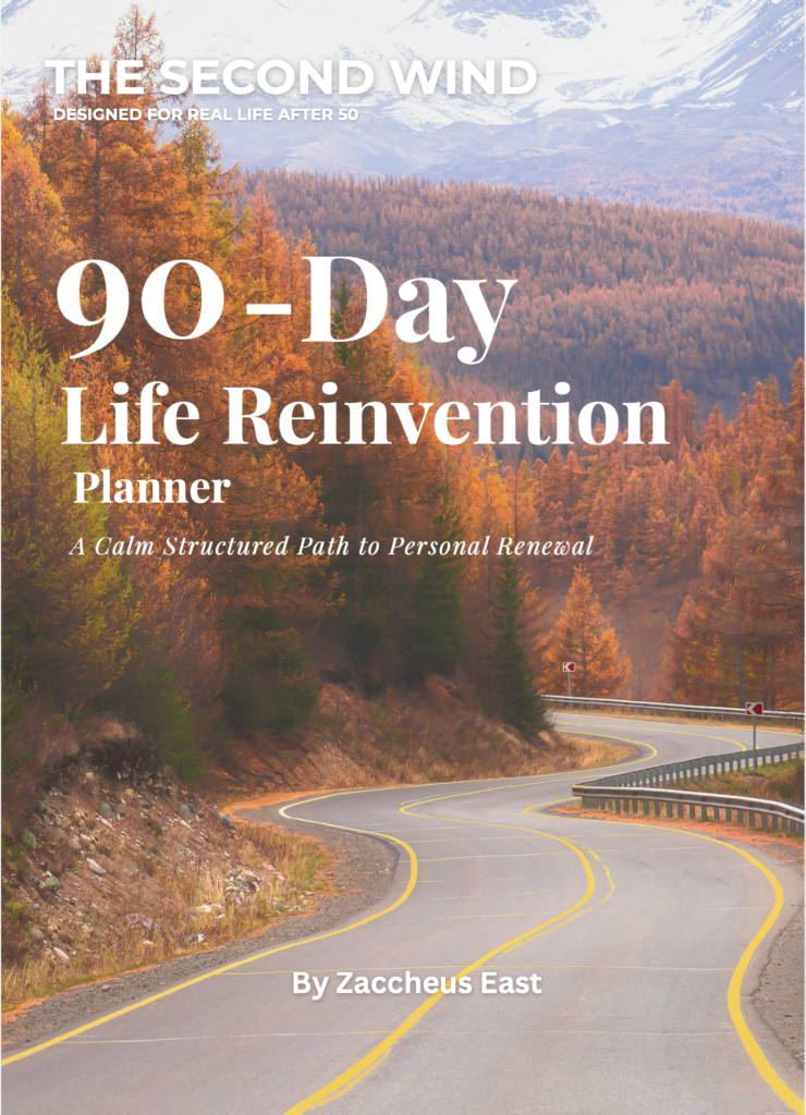 90-day life reinvention planner cover featuring winding road symbolizing personal growth and life reset after 50