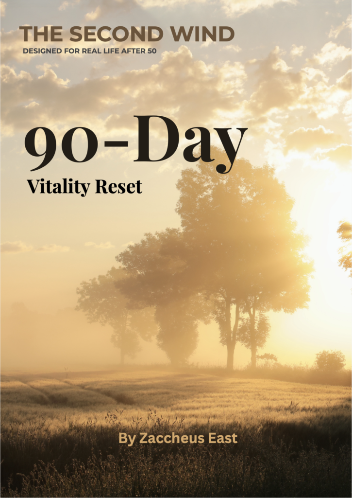 90-day vitality reset planner cover with sunrise landscape symbolizing renewed energy, health, and life reset after 50