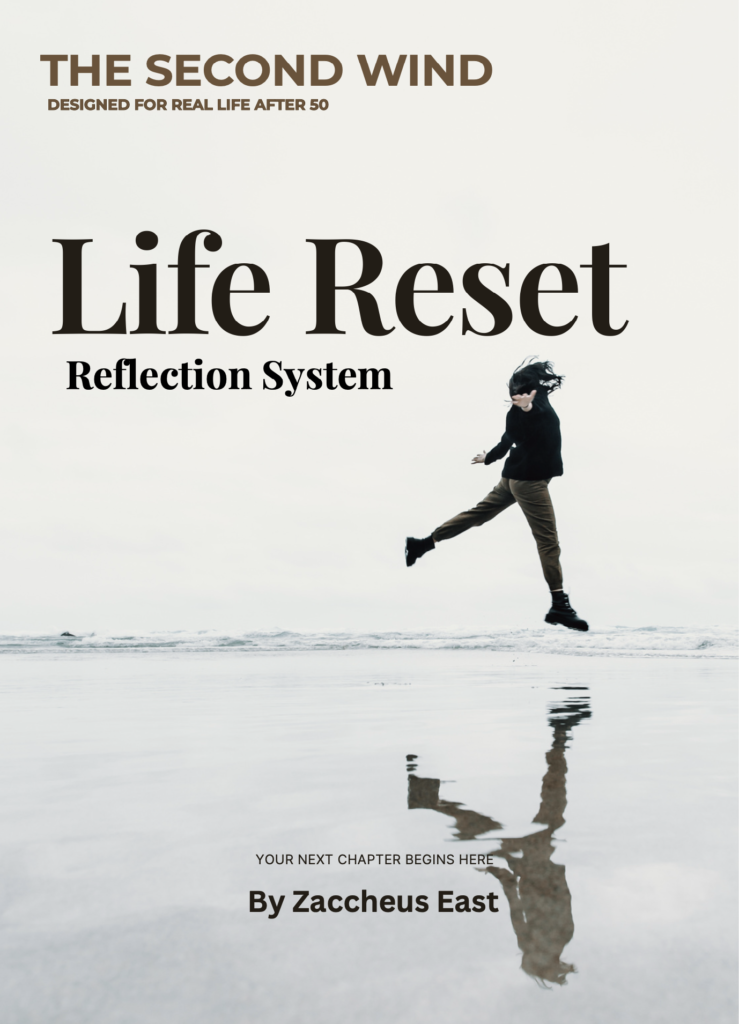 life reset reflection workbook cover featuring person walking on beach symbolizing clarity, reflection, and starting over after 50